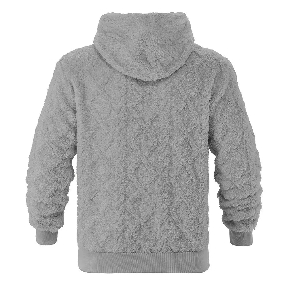 gray fuzzy men’s textured fleece lined knit hoodie featuring diamond-knit texture and ribbed cuffs