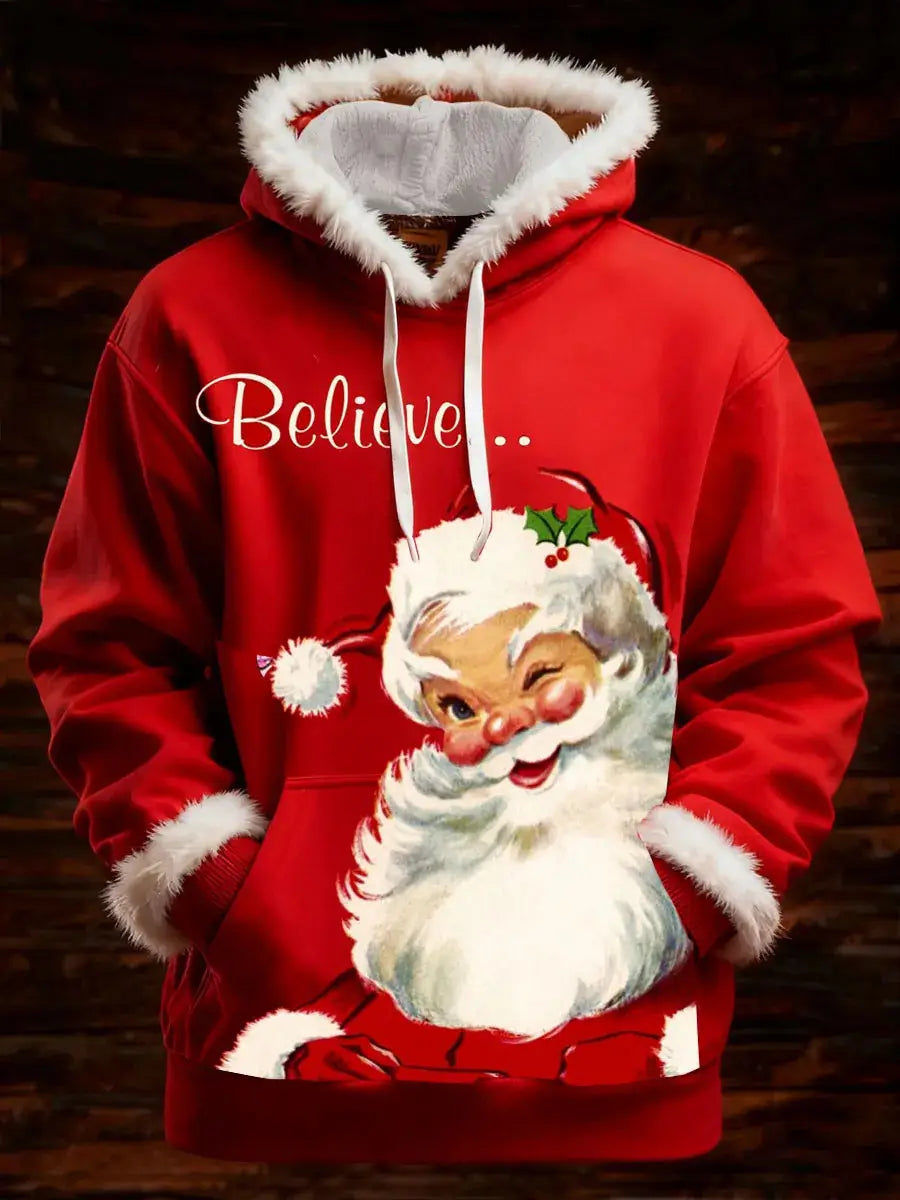 Red santa claus-themed hoodie with white faux fur trim on hood and cuffs featuring a vintage-style printed design of santas face and front pockets.