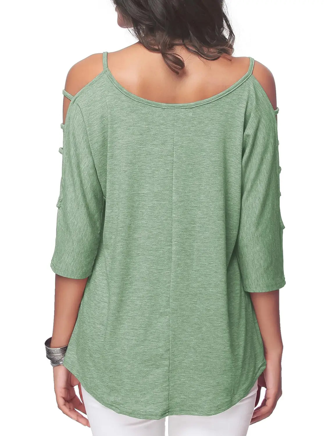 A soft heathered sage green off-shoulder cut-out top with three-quarter sleeves and decorative button details along the armholes.