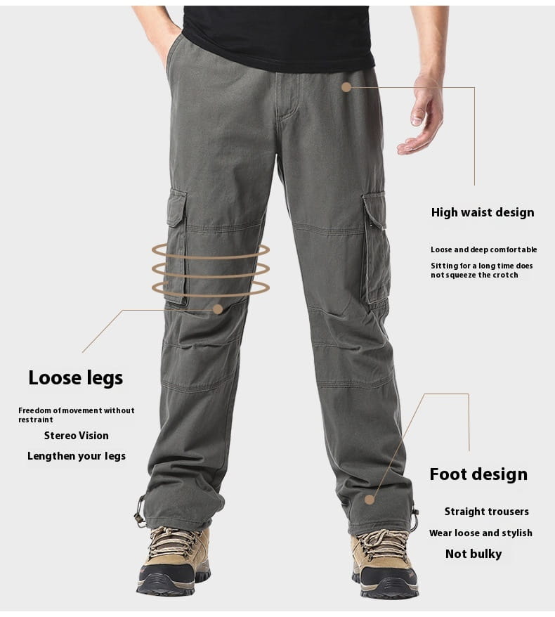Pantalones cargo de algodón para hombre color gris oscuro, con diseño de cintura alta y múltiples bolsillos para un uso práctico.