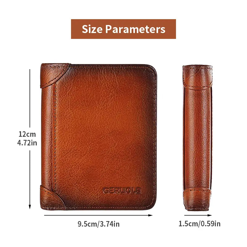 Men’s RFID leather wallet in brown with a subtle tan gradient and embossed brand logo featuring a zip coin pocket.