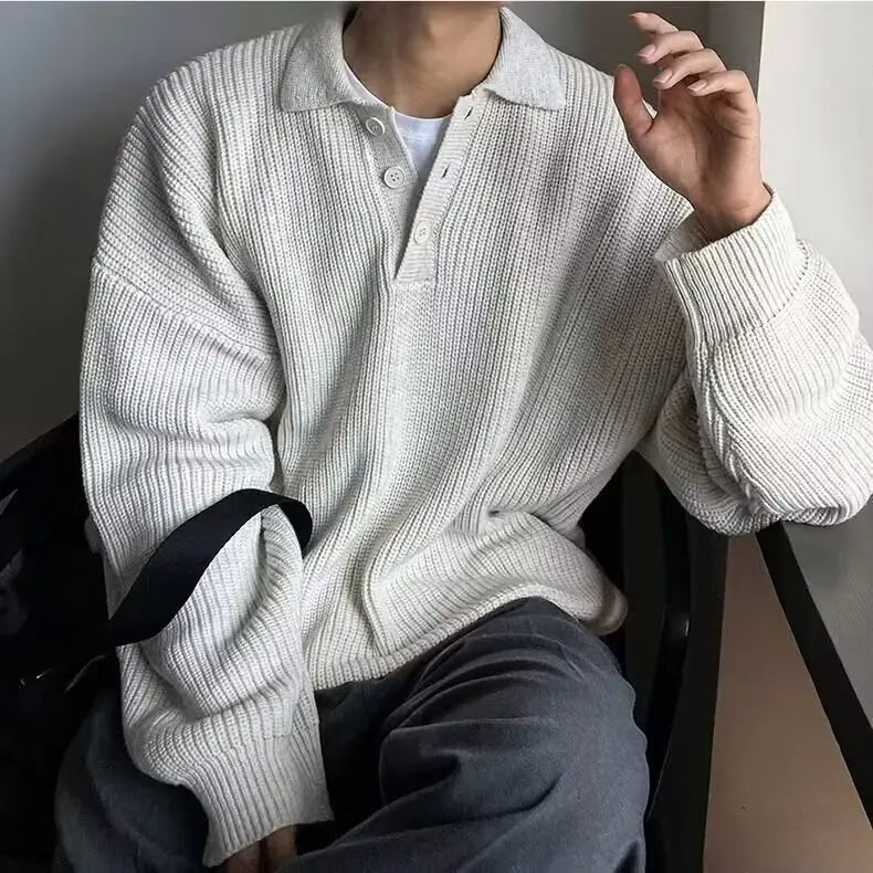 Men long sleeve knit polo sweater in off-white ribbed knit fabric with a classic collar and button placket.