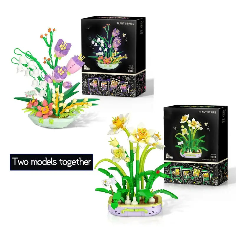 Un arrangement de fleurs vives violet et blanc, assemblé à partir de blocs de construction en plastique colorés dans un pot en céramique vert clair provenant du jeu de blocs de construction « Bouquet floral violet ».