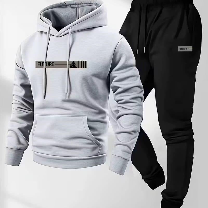 Light gray Future Graphic fleece hoodie with black and white chest graphic, drawstrings, and front pocket.