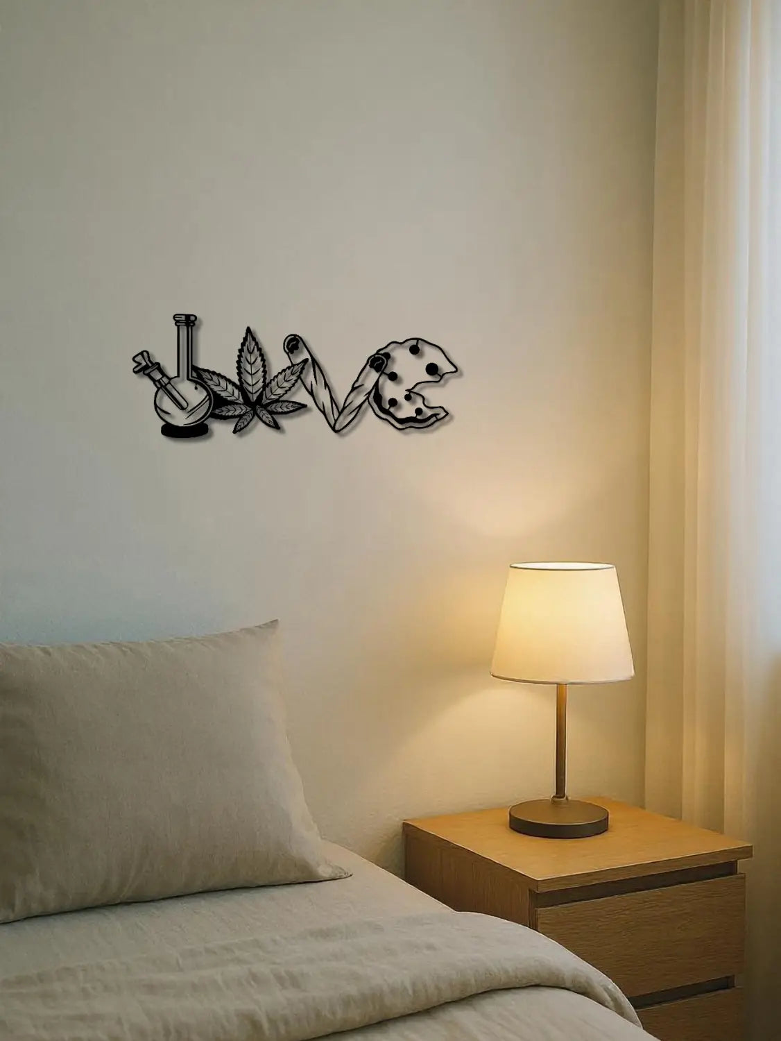 Black metal wall art spelling love with each letter stylized as a bong, cannabis leaf, rolled cigarette, and bitten cookie designed for cannabis love home decor with two days shipping.