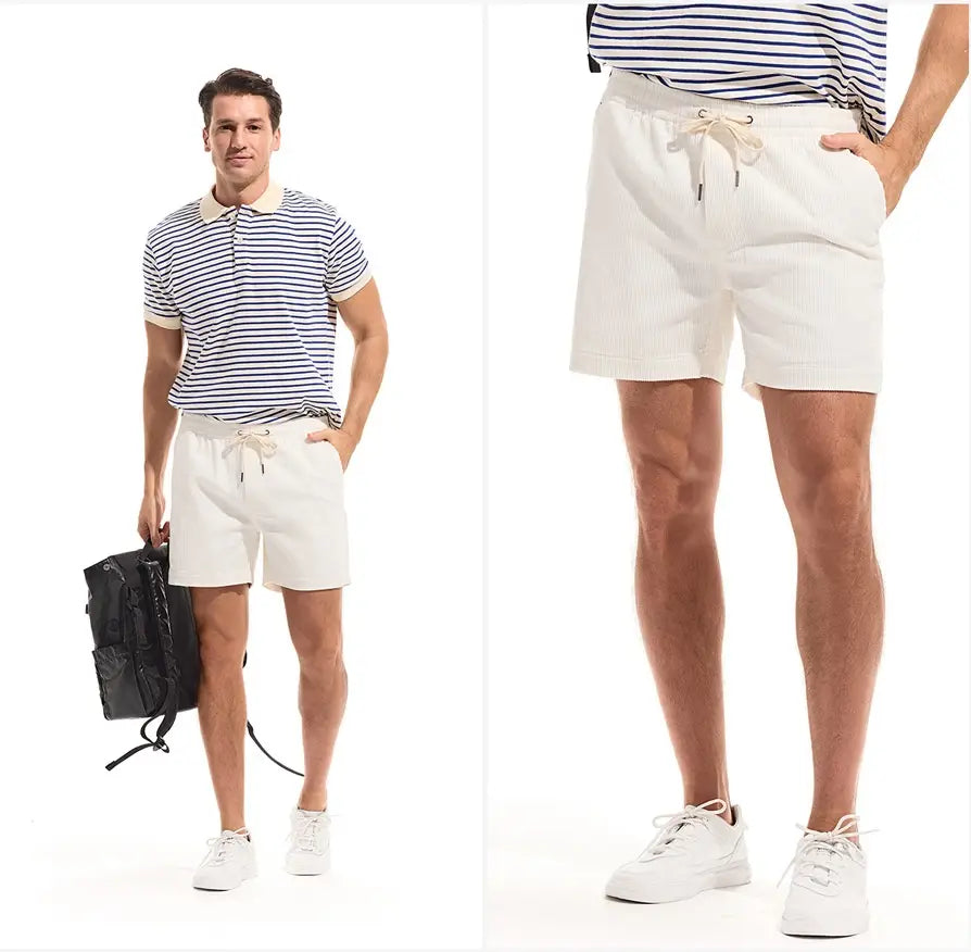 White men cotton corduroy shorts with a relaxed fit, drawstring waist, and subtle vertical ribbing for casual summer wear.