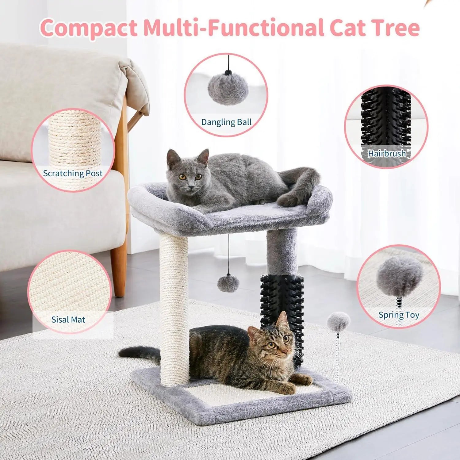 Gray compact multi-functional cat tree tower with sisal scratching post, sisal mat base, and dangling toys for cat entertainment and claw maintenance.
