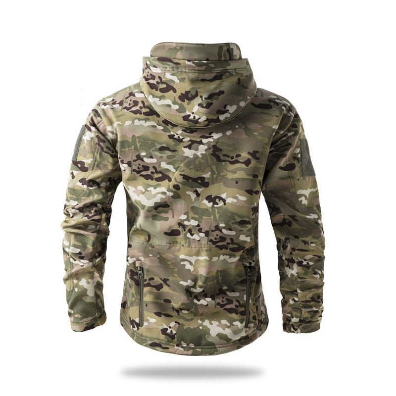 Men’s waterproof tactical fleece soft shell jacket in woodland camouflage pattern with olive green brown and beige tones and reinforced stitching
