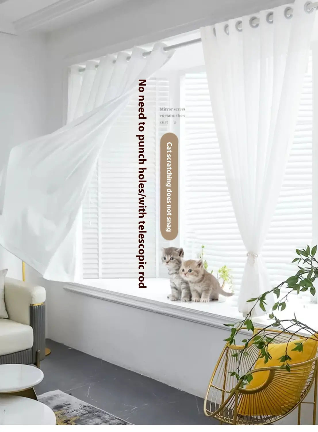 White sheer textured sunscreen linen curtains with grommeted top edges and a telescopic rod system, made of lightweight fabric that drapes elegantly to frame the window.