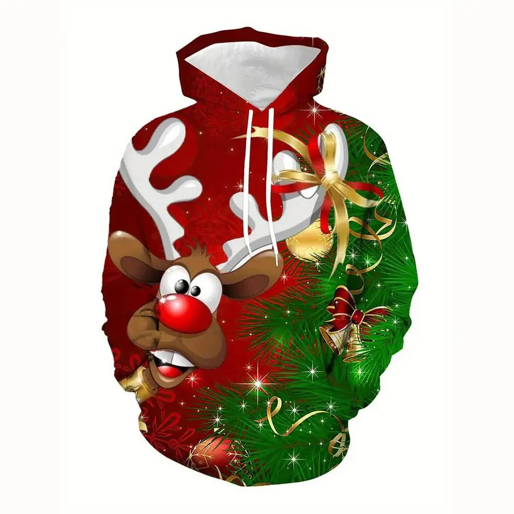 Homme : sweat à capuche 3D rouge et vert à thème de Noël, avec un renne au style cartoon, des bois blancs, des clochettes dorées et des détails de paillettes festives.