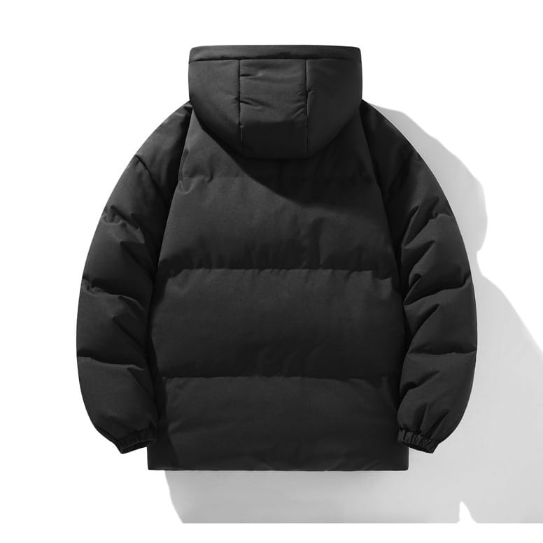 Black insulated hooded puffer jacket with quilted panels designed for outdoor sports