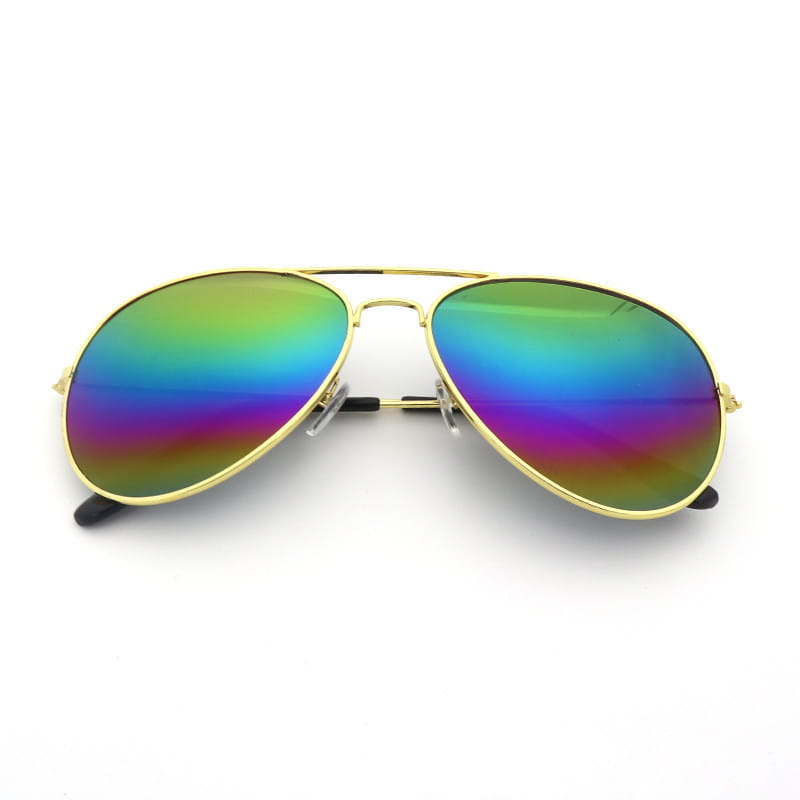 Classic unisex metal aviator sunglasses with gold rims and iridescent green blue and purple lenses featuring uv protection.