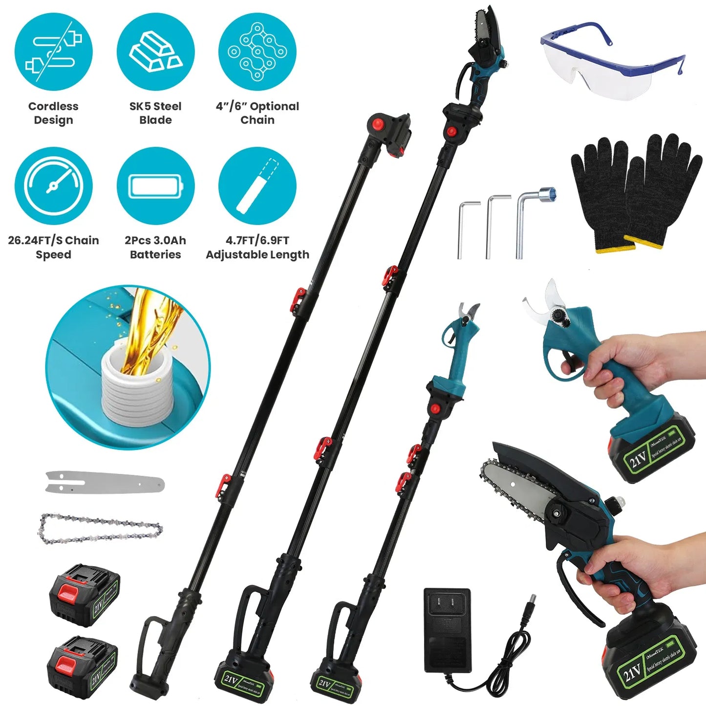 4 In 1 Cordless Pruning Shear And Electric Chainsaw With Max 5.5FT Extension Poles Pole Saw SK5 Blade Brushless Pruning Shear With 2Pcs 3.0Ah Batteries For Garden Yard GPCT5130 10Cell