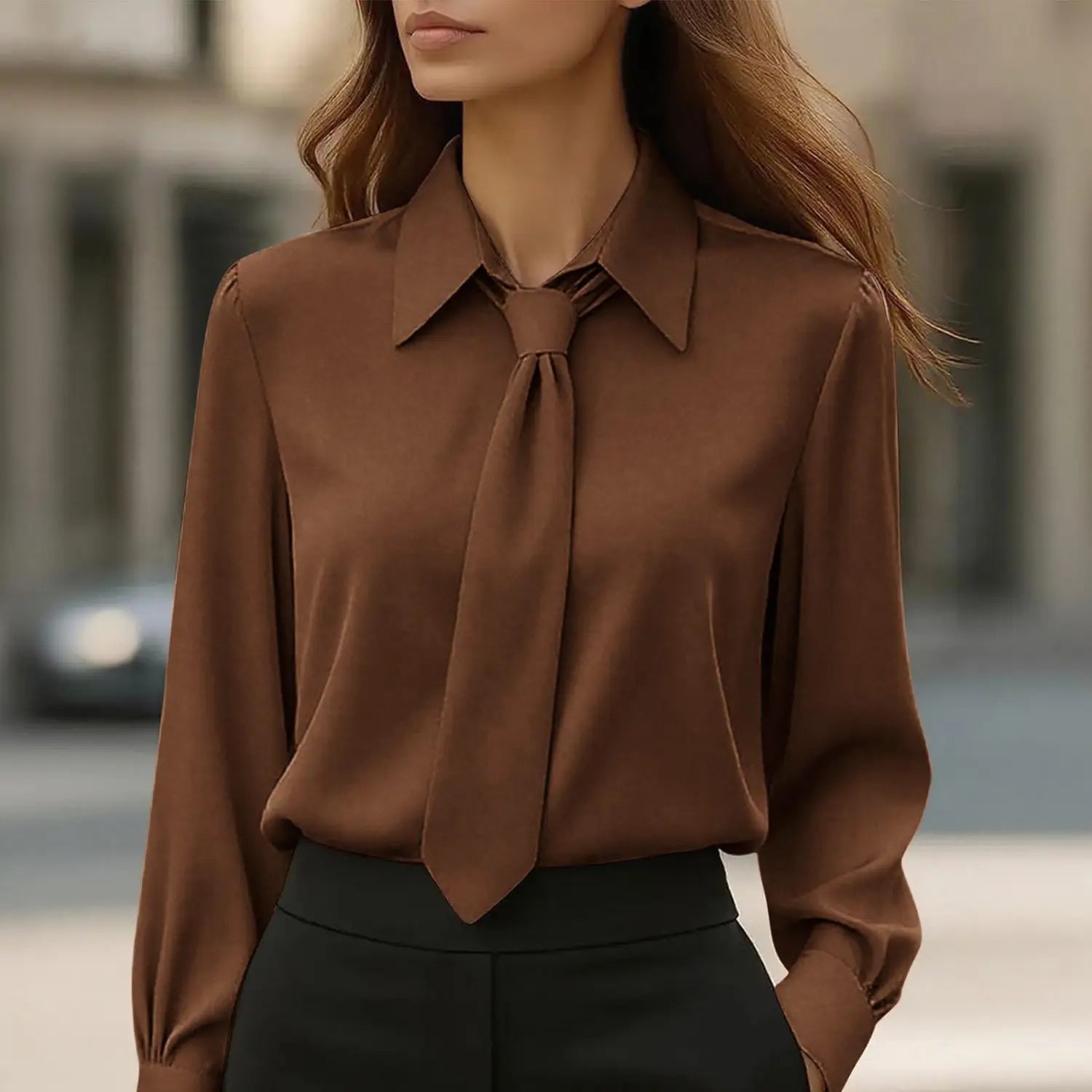 Blusa de satén marrón elegante de manga larga con cuello clásico y detalle de lazo anudado en el cuello.