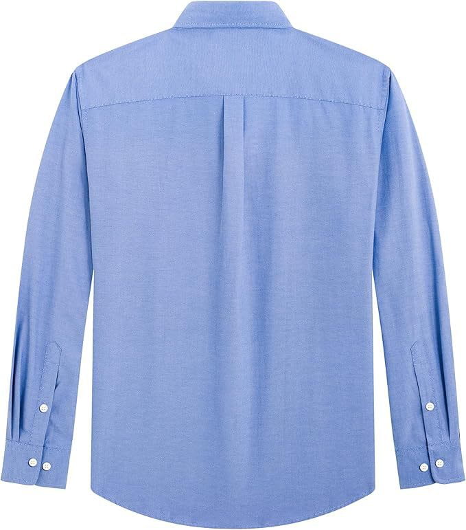 Men’s long sleeve oxford button down shirt in light blue with a subtle textured weave and buttoned cuffs.