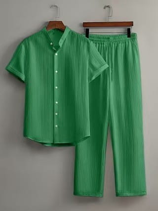 mens pleated short sleeve shirt and pants set in green striped fabric featuring short sleeves and matching pleated pants.