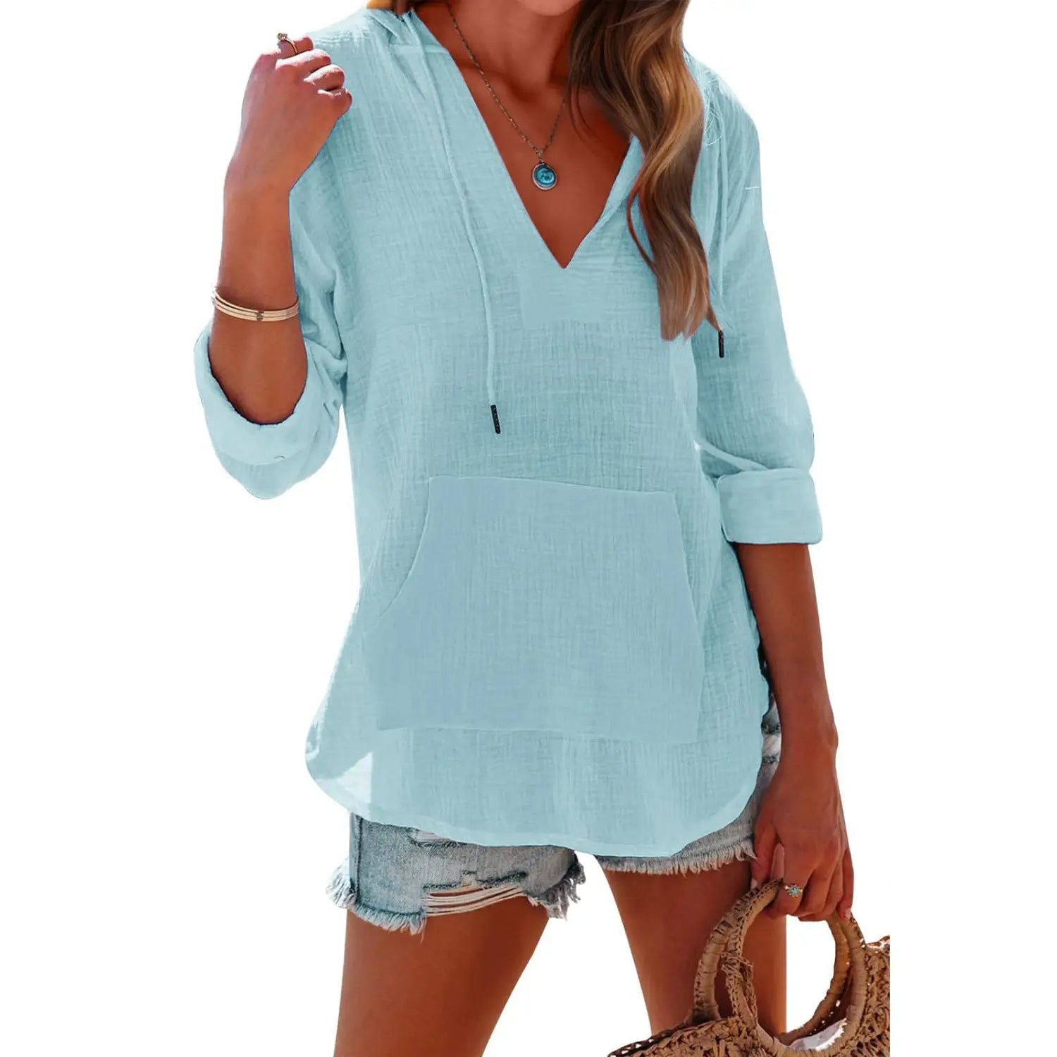 Light blue loose-fitting women’s v neck cotton linen hooded pullover with front pocket.