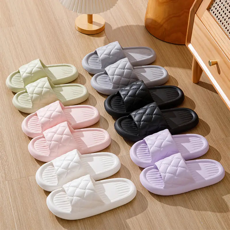 soft quilted non slip lightweight rubber slide sandals in pastel and neutral tones designed for home use