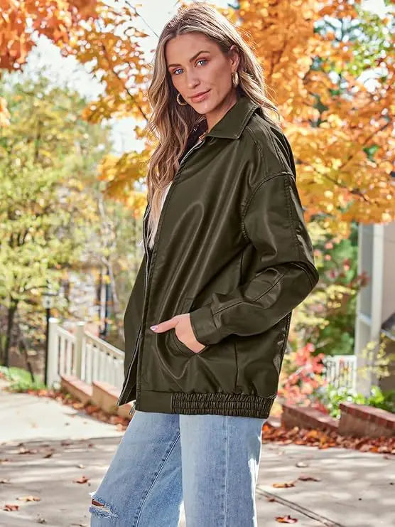 olive green faux leather bomber jacket featuring an oversized relaxed fit coat design for casual wear