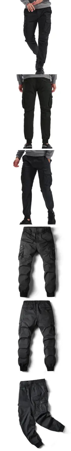 Men’s slim fit black cotton cargo work pants featuring multiple pockets and a tapered leg design.