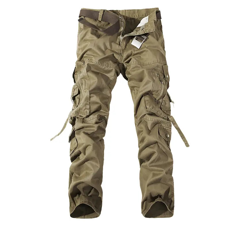 Olive green men multi pocket washed cargo pants made of durable fabric with multiple pockets and a dark brown belt.