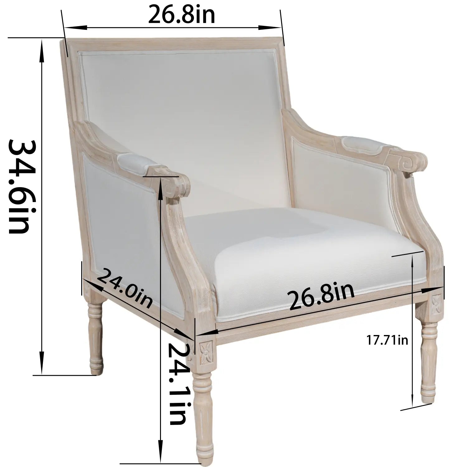 Silla francesa de acento tapizada en color beige, con marco de madera envejecida y acolchado de lino blanco.