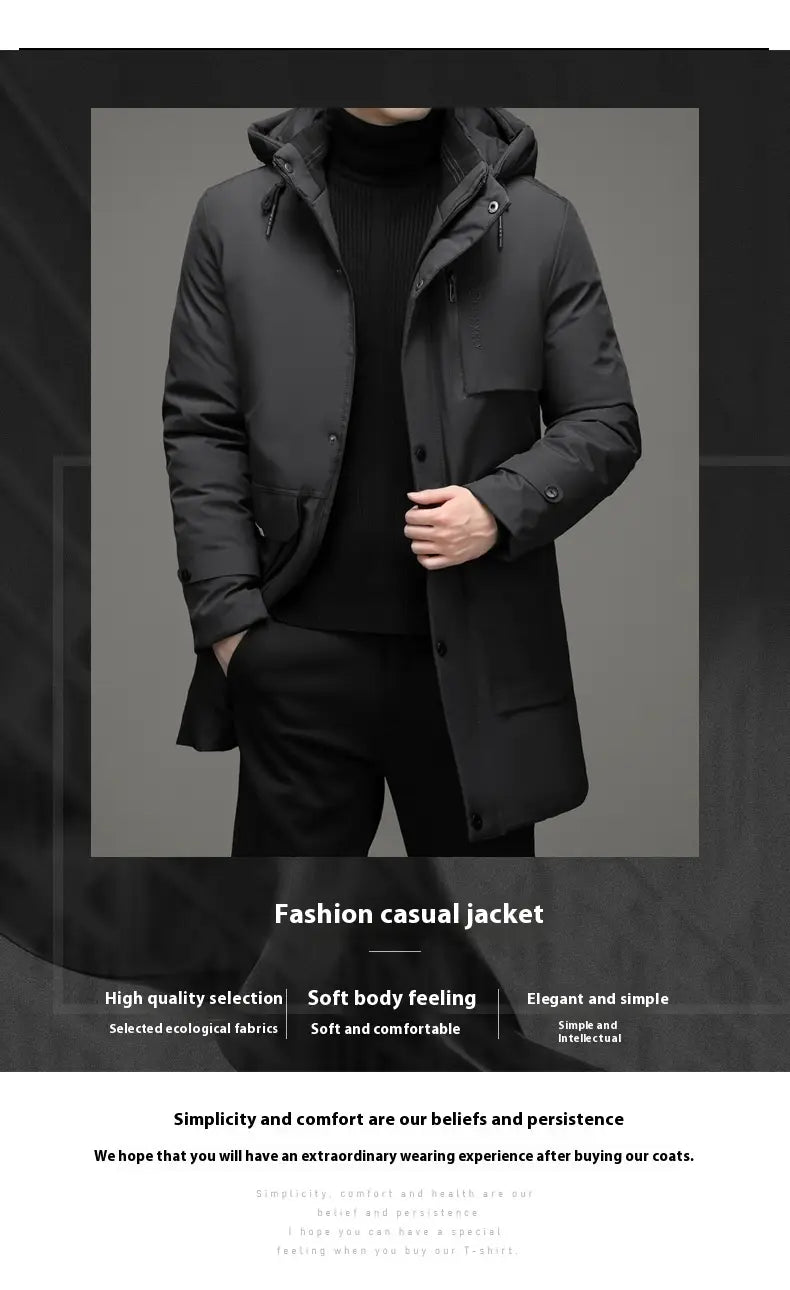 Abrigo de invierno acolchado con capucha negro para hombre con cremallera frontal y diseño acolchado para clima frío.