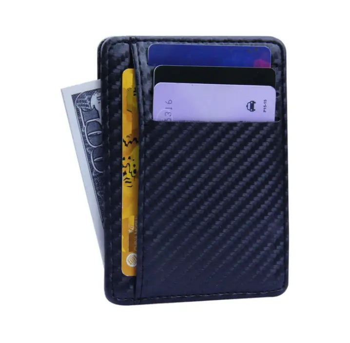 Black carbon fiber textured slim RFID blocking PU leather wallet with multiple card slots and a cash compartment.