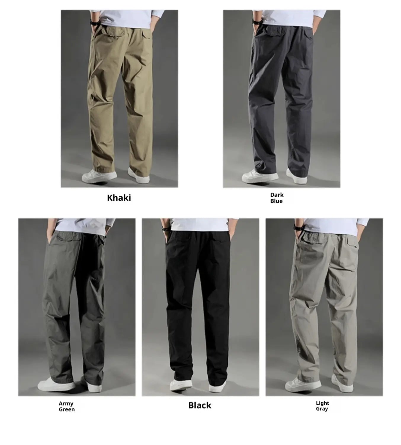 Men’s Japanese style cotton straight leg workwear pants in khaki dark blue army green black and light gray colors designed as casual cargo pants.