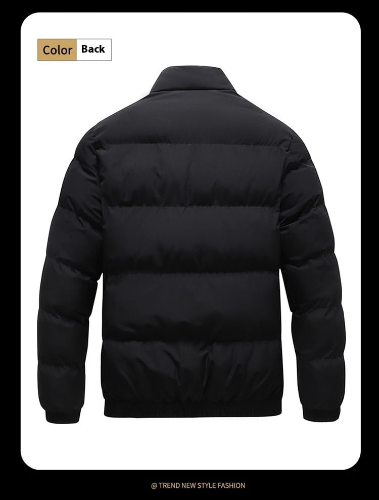 Men’s warm padded down jacket in black with horizontal quilted panels and a high collar designed for cold weather.