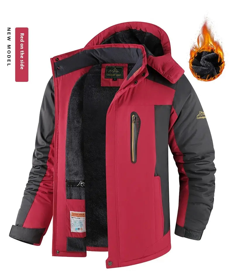 Herren-Fleece-gefütterte Winterjacke aus isolierter Baumwolle in Rot und Schwarz mit fleecegefütterter Kapuze und Seitreißverschlusstasche für den Outdoor-Einsatz.