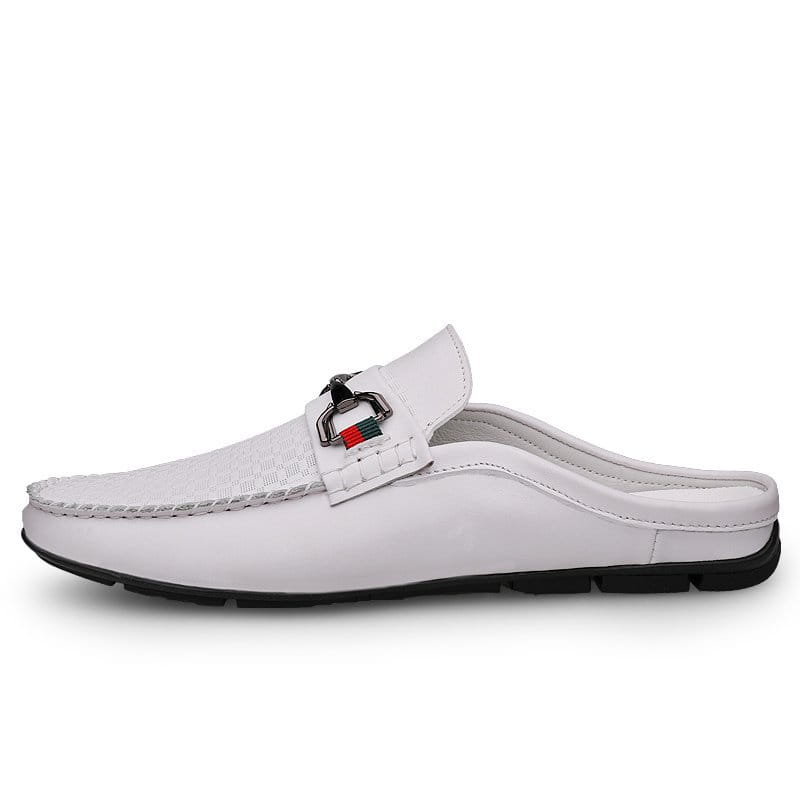 Men’s white leather mule loafers with a woven black metal buckle featuring red green and white stripes.