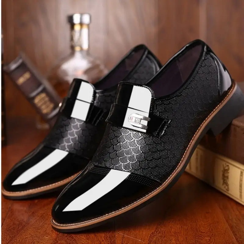 Warm high top black PU leather vulcanized shoe featuring a burgundy patent leather slip-on with white glossy toe cap and silver buckle.