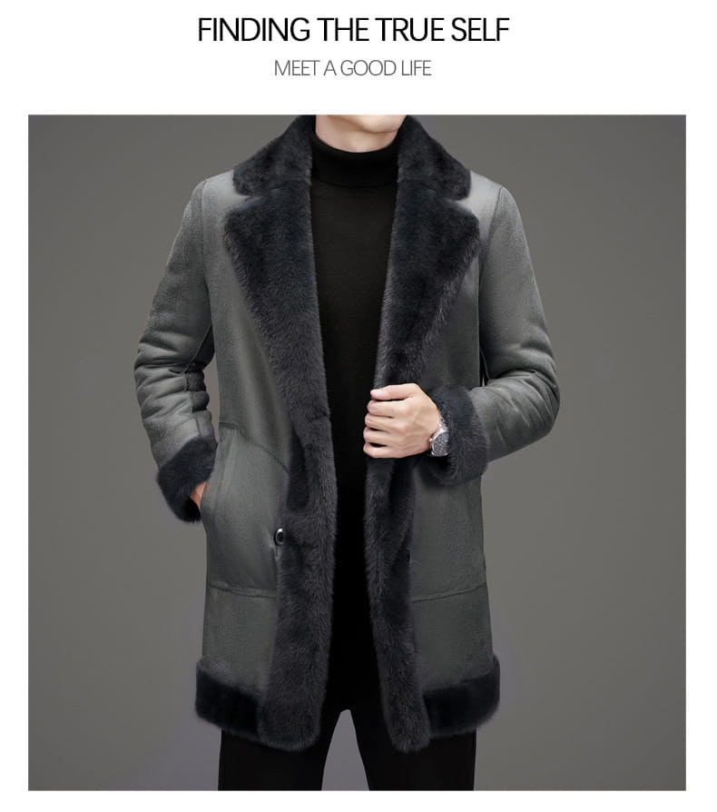 Men’s furs shearling double breasted winter coat in dark gray with plush black shearling fur lining and cuffs.