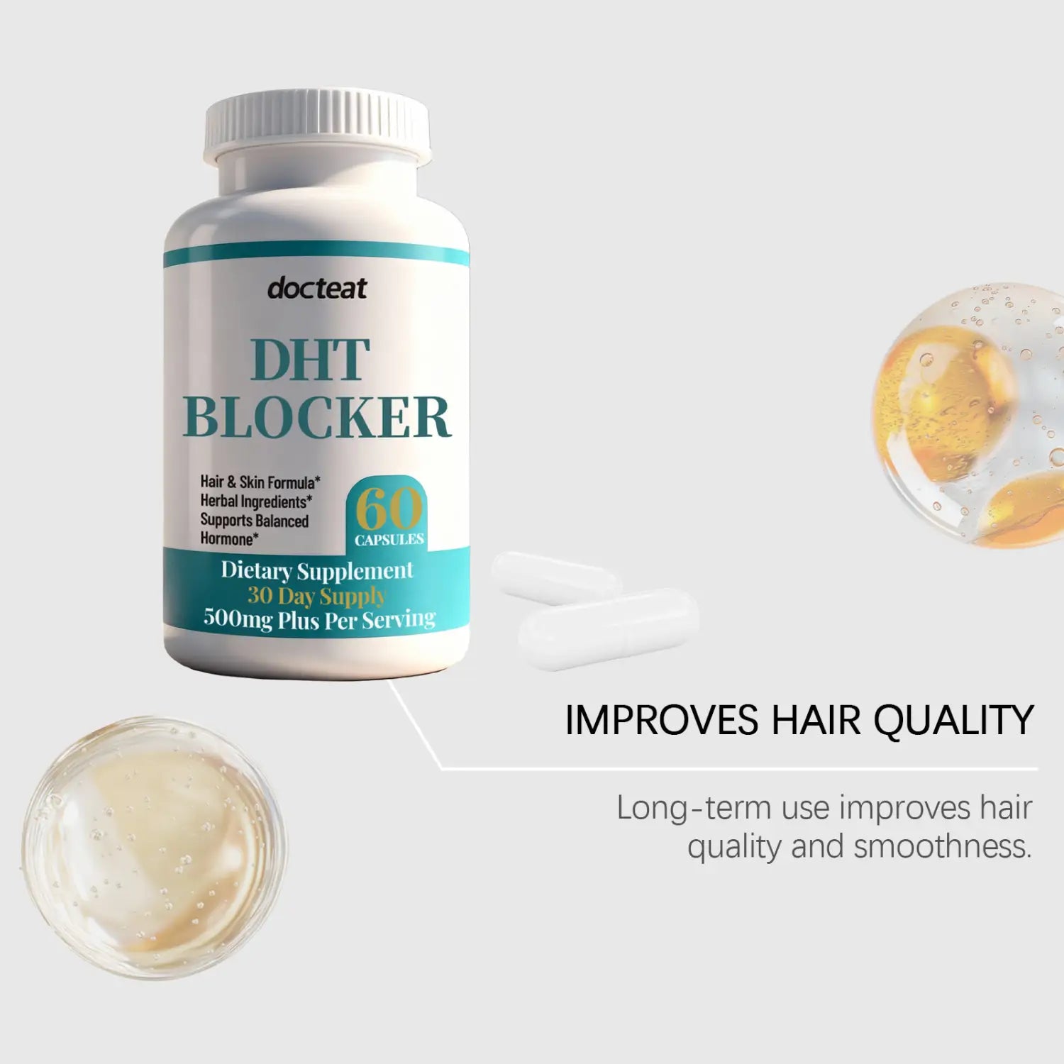 white plastic bottle of docteat dht blocker dietary supplement with teal label and white capsules beside it for hair growth capsules 60 softgels