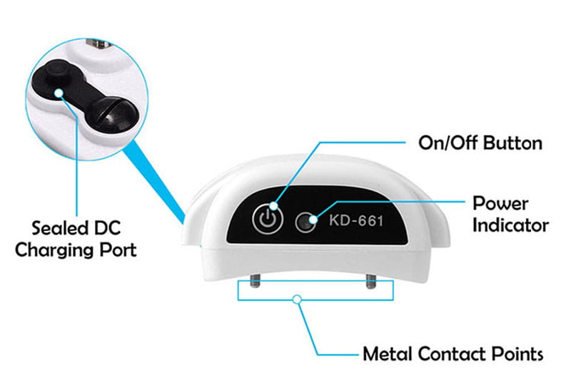 黒色の操作パネル（電源ボタンおよび表示灯）を備えた白色プラスチック製KD-661ペットカラー充電器。ワイヤレス犬フェンス収容システム用。