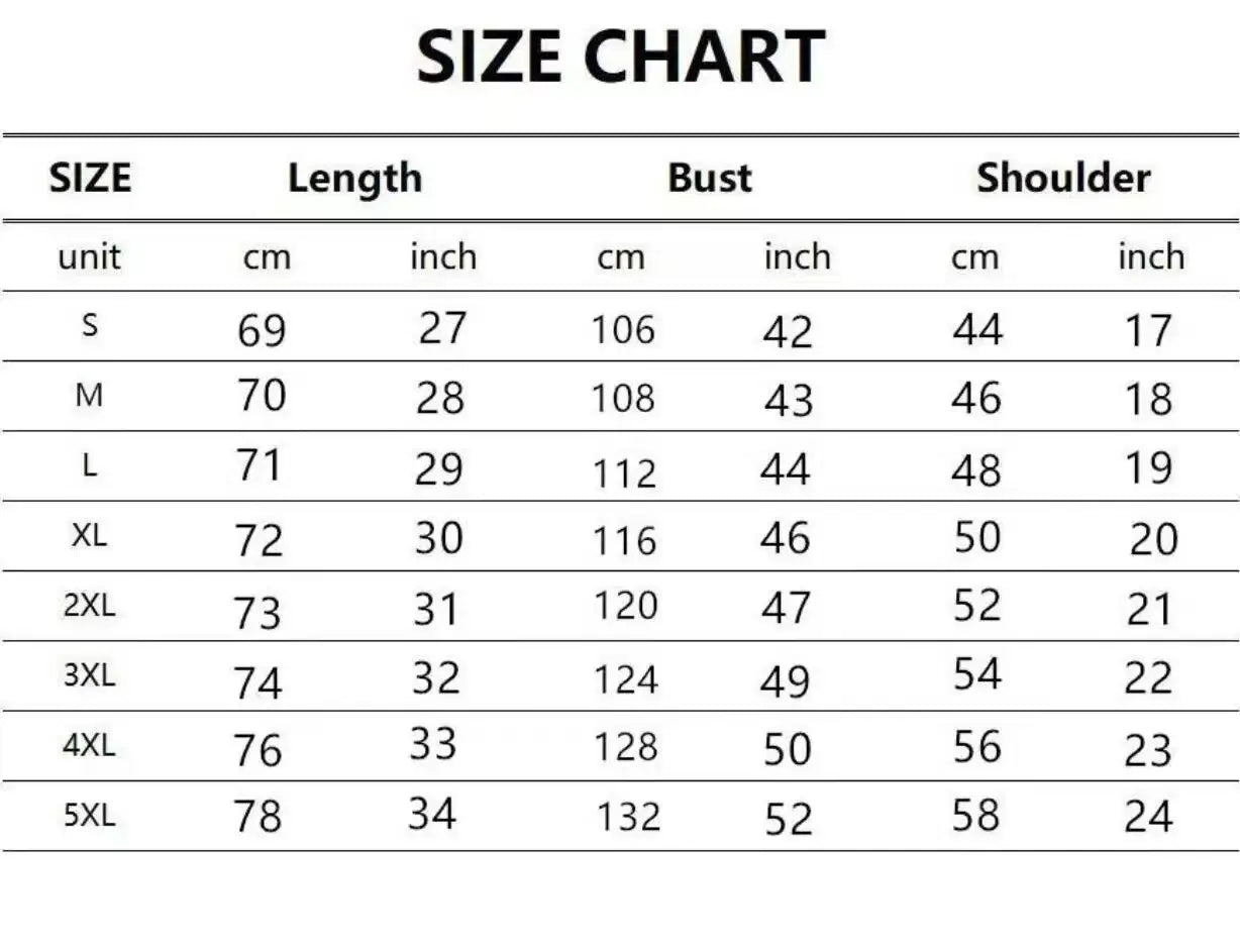 Black and white size chart displaying length, bust, and shoulder measurements in centimeters and inches for sizes S to 5XL of the half zip athletic sweatsuit printed set.