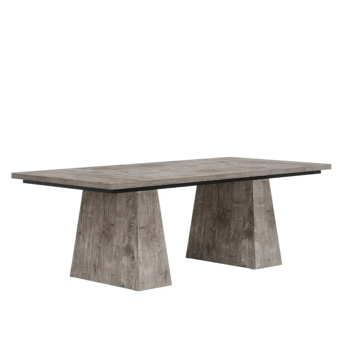 Poste de travail informatique moderne en bois gris, comprenant un bureau de 63 pouces avec une finition au grain du bois et des pieds géométriques coniques.