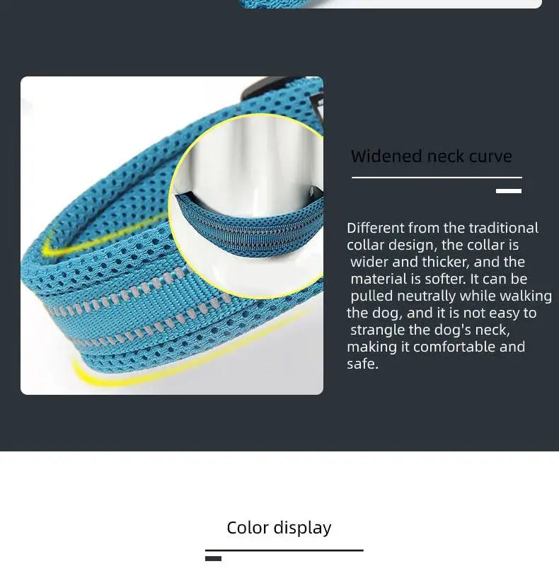collar para perro de malla acolchada reflectante talla mediana en azul, con ribete amarillo y franjas reflectantes plateadas, elaborado con material de malla transpirable.