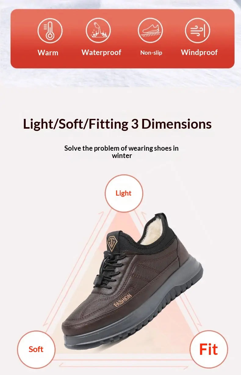 Zapatillas de invierno de cuero marrón para hombre con cordones negros y suela de goma gris, diseñadas para uso en climas fríos