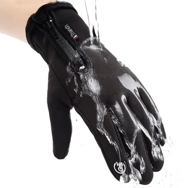 Black waterproof touchscreen winter cycling glove with zipper cuff and brand logo on wristband shown from the back side.
