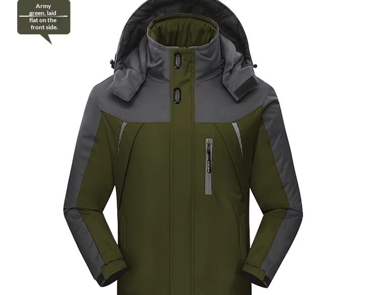 Dicht gefütterter Wintermantel aus Fleecestoff in Armeegrün und Grau im Zweifarben-Design mit wasserdichtem Material und abnehmbarer Kapuze, ausgelegt für Wandern und Outdoor-Einsätze.