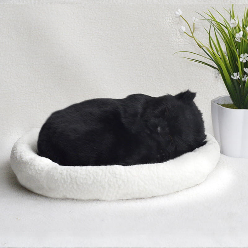 Soft white plush pet bed with realistic breathing black plush cat figurine curled inside.