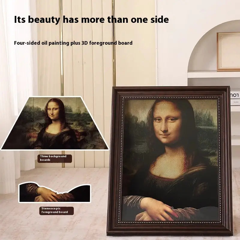 dunkelbraun gerahmtes, vierseitiges Ölbild der „Mona Lisa“ mit einem 3D-Vordergrund-Katzenkissen-Kratzbrett, mit prunkvollem Rahmen.