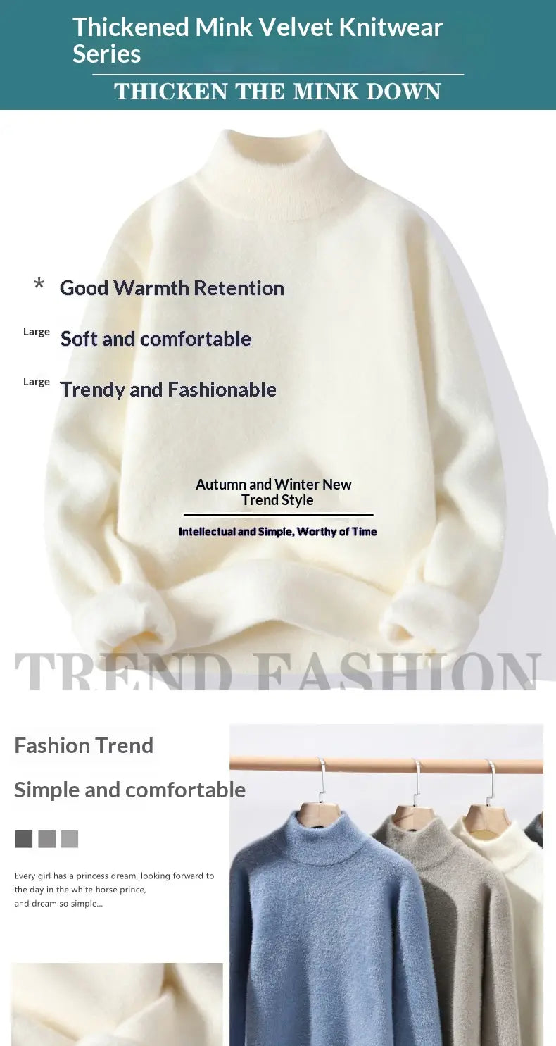 Cream-colored thickened mink velvet men half turtleneck sweater from the thicken the mink down series designed for warmth and comfort.