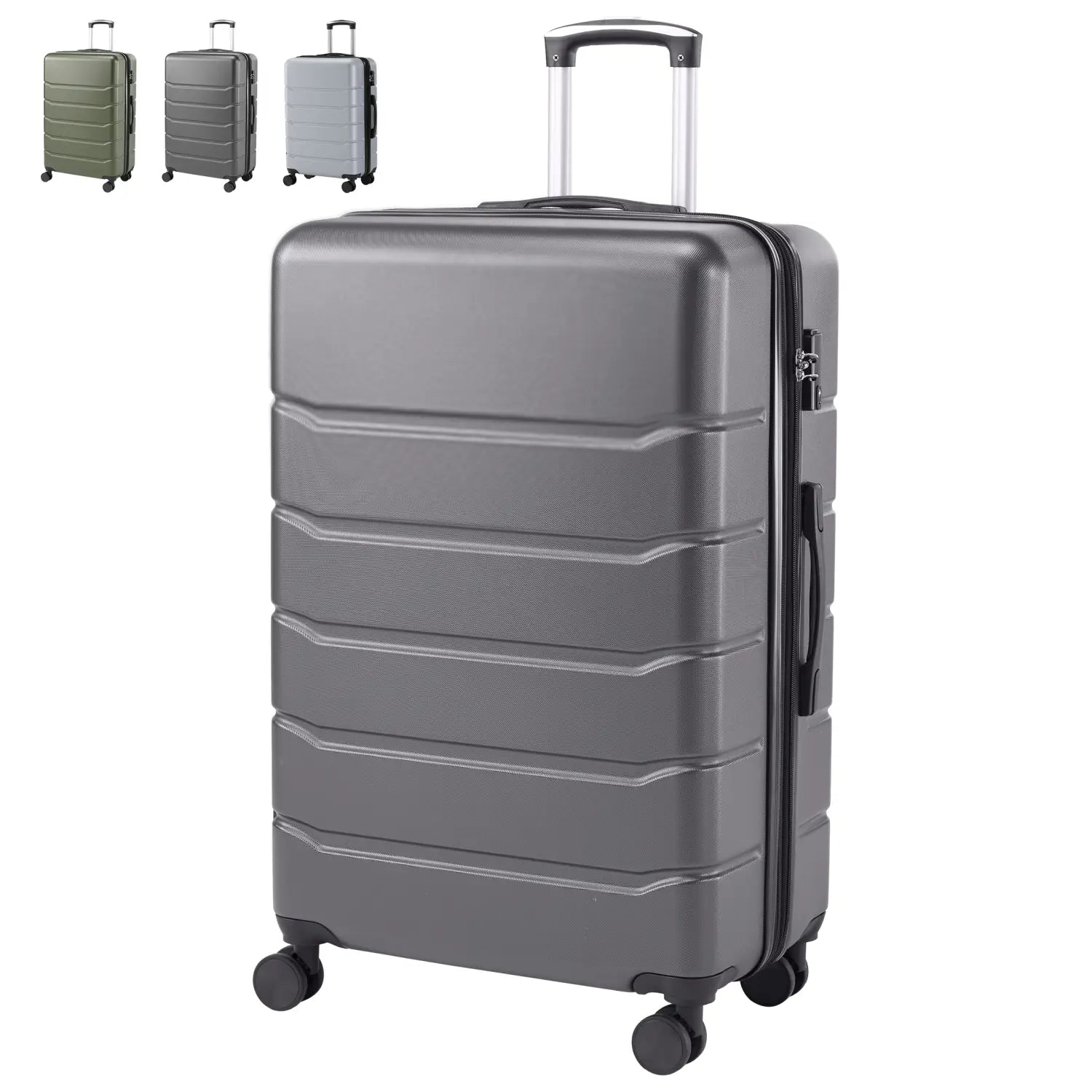 gray abs spinner luggage expandable hard shell suitcase with retractable handle and four spinner wheels shown from the back side