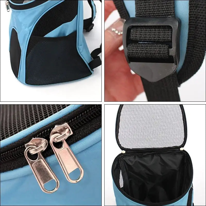 Light blue and black dog carrier backpack with breathable mesh panels, adjustable straps, and silver zippers for small pet travel.