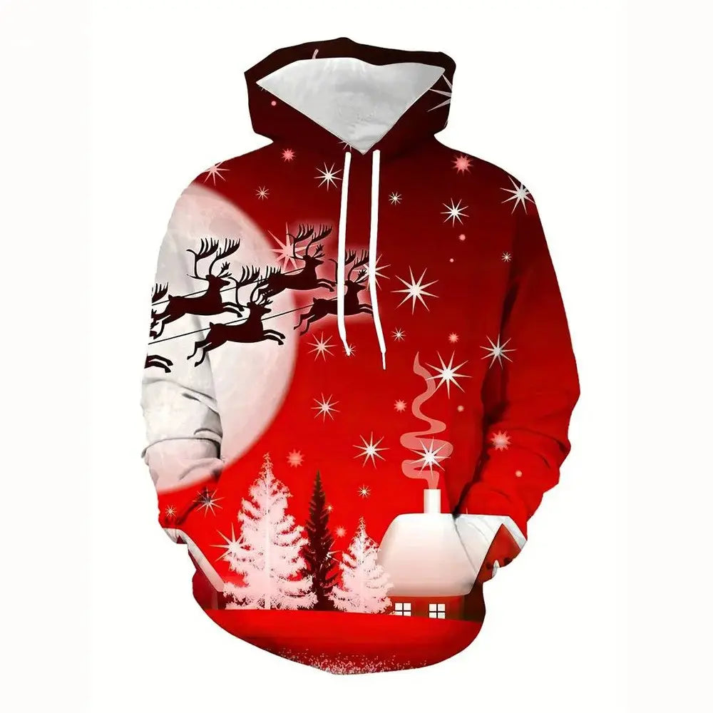 Homme : sweat à capuche rouge à thème de Noël, avec un motif imprimé en 3D représentant des rennes volant au-dessus de maisons et d’arbres couverts de neige, avec des cordons blancs et une doublure intérieure.