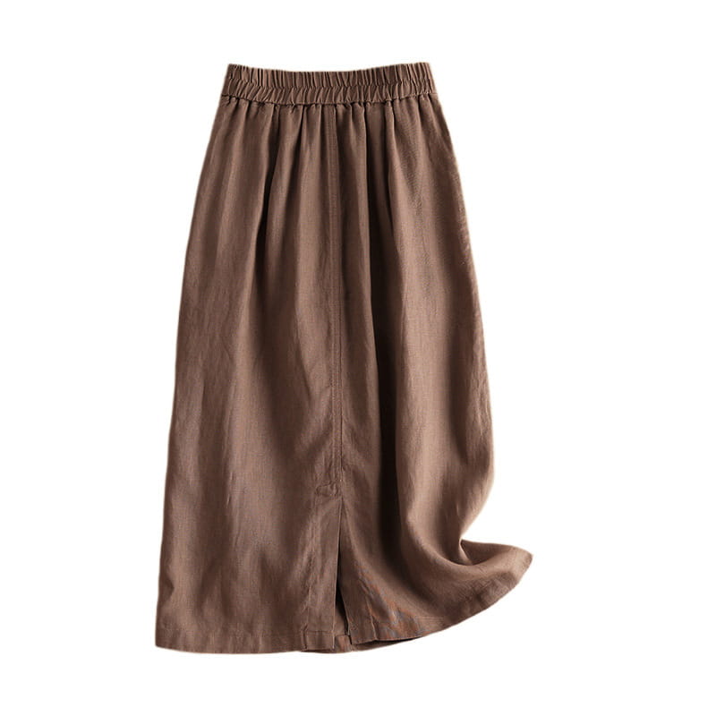 Falda midi vintage de algodón y lino color marrón terroso suave con cinturilla elástica y una silueta relajada y fluida.
