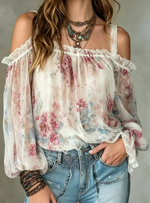 Eine zarte, trägerlose Boho-Bluse mit floralem Muster und weichem, transparentem Stoff, mit einem romantischen Muster in gedämpften Rosatönen und Blautönen.